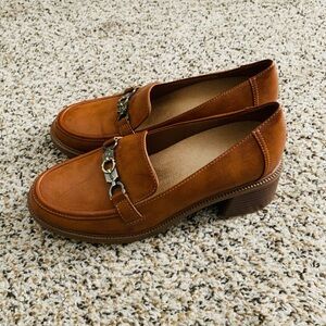 Dr. Scholl's Tan Leather Horsebit Loafers with Block Heel